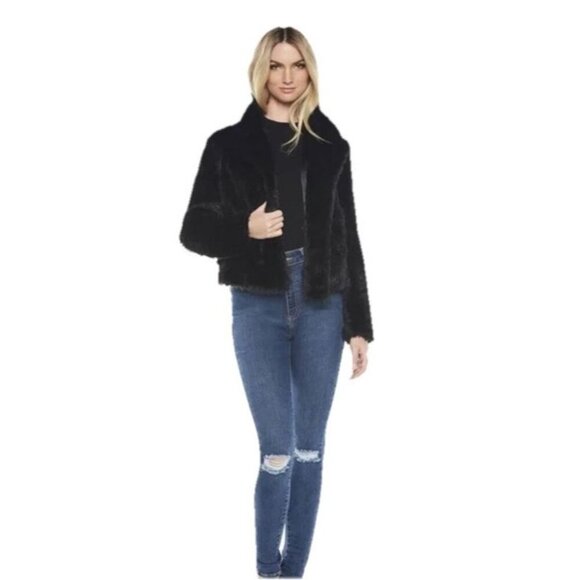 7 For All Mankind Black Faux Fur ShortJacket Eyelet Hidden Closure Size XS Lined - Picture 1 of 10